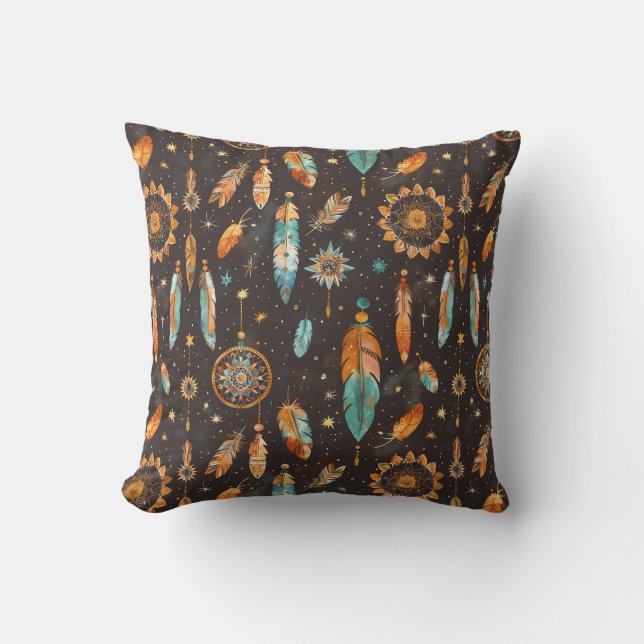 Mystical Dark Boho: Feathers & Dream Catchers Desi Cushion (Front)