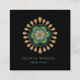 Mystical Dark Boho Floral Mandala Square Business Card