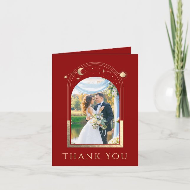 Mystical Dark Red Gold Photo Celestial Wedding Thank You Card (Front)