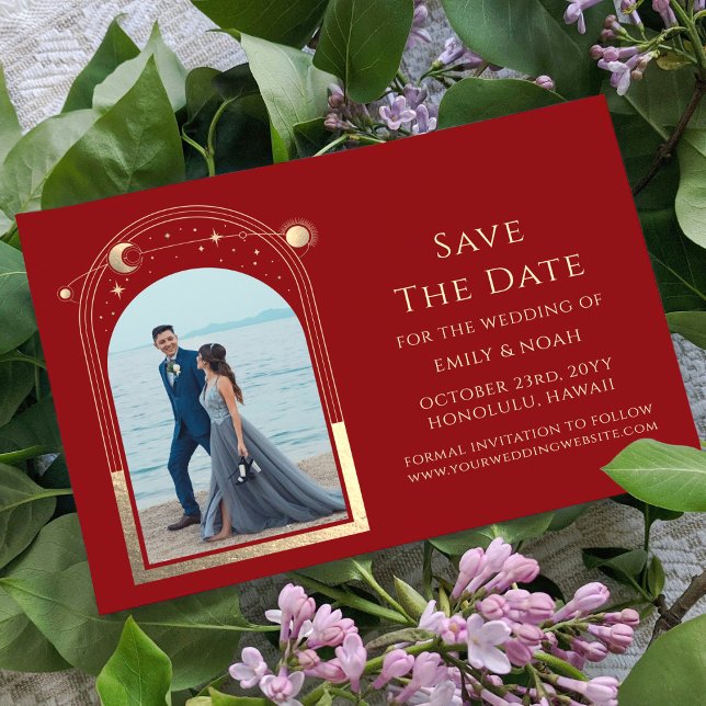 Mystical Dark Red Gold Sun Moon Star Space Save The Date (Creator Uploaded)