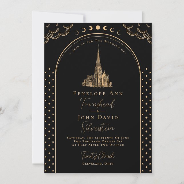 Mystical Deco Black Gold Vintage Church Wedding Invitation (Front)