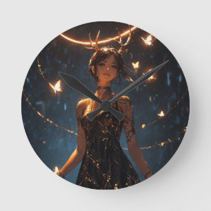 Mystical Deer Girl Round Clock