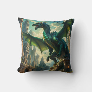 Mystical Dragon Over Ancient Ruins Cushion