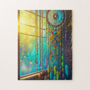 Mystical Dreamcatcher in Window Purple Green Jigsaw Puzzle