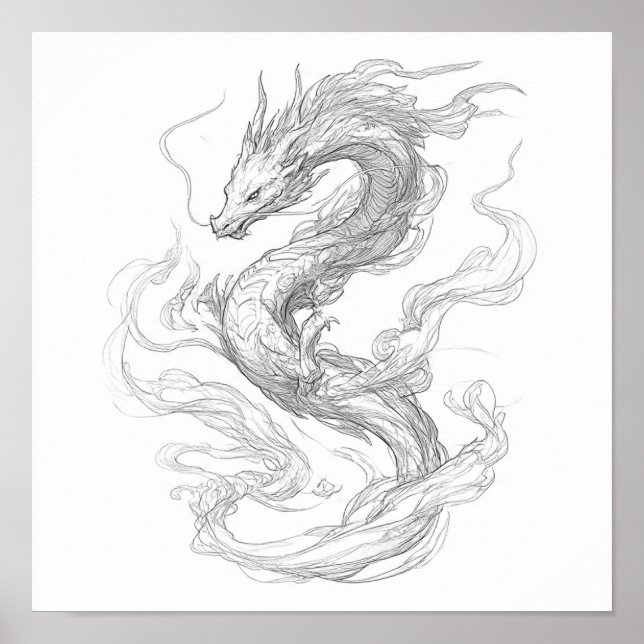 Mystical Elemental Art: Detailed Dragon Poster (Front)