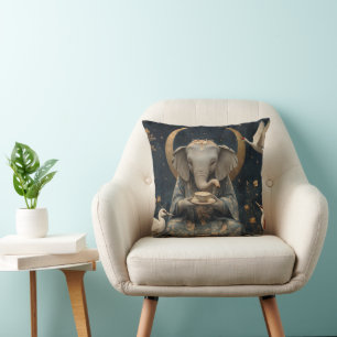 Mystical Elephant Tea Party Under Crescent Moon Cushion