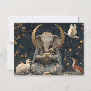 Mystical Elephant Tea Party Under Crescent Moon Postcard