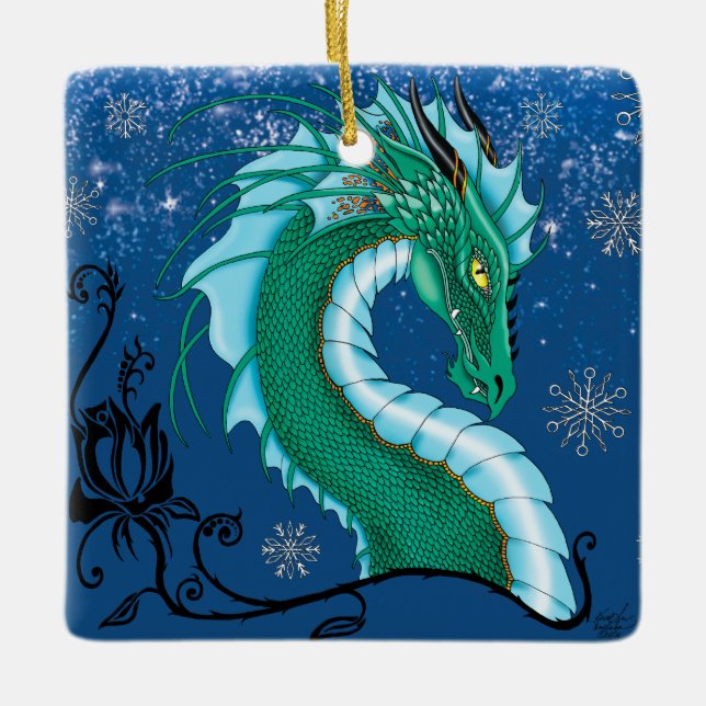 Mystical Emerald Ice Dragon Snowflakes Fantasy Ceramic Ornament (Front)