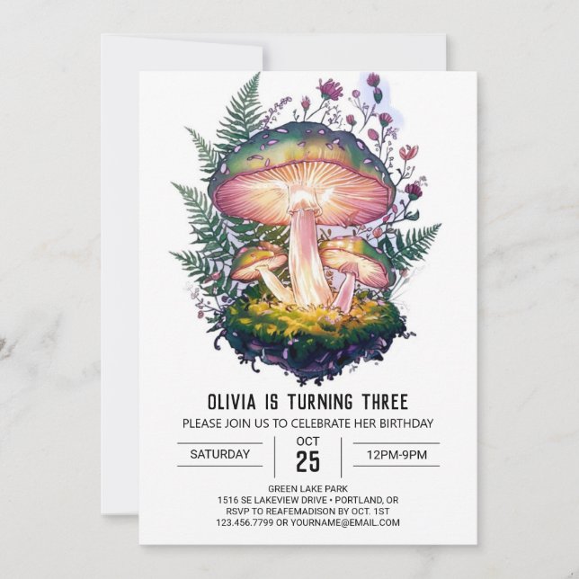 Mystical Enchanted Digital Mushroom Birthday Invitation (Front)