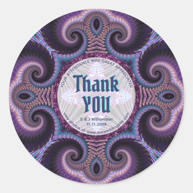 Mystical Energy Fractals Purple Thank You Stickers (Front)
