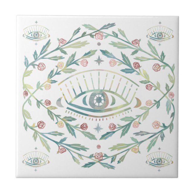 Mystical Eye Roses Vines Magical Boho Colourful   Ceramic Tile (Front)