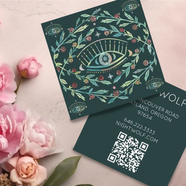 Mystical Eye Roses Vines Magical Boho QR Code  Square Business Card (Custom square business cards with boho pattern of roses and mystical eye. QR code )
