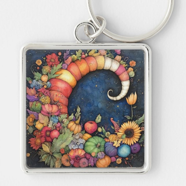 Mystical Fall Crescent Moon Cornucopia Key Ring (Front)