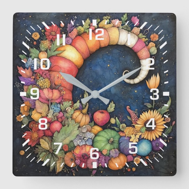 Mystical Fall Crescent Moon Cornucopia Square Wall Clock (Front)