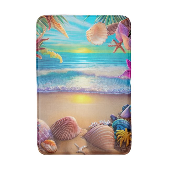 Mystical fantasy beach sunset with tropical flower bath mat (Front Vertical)