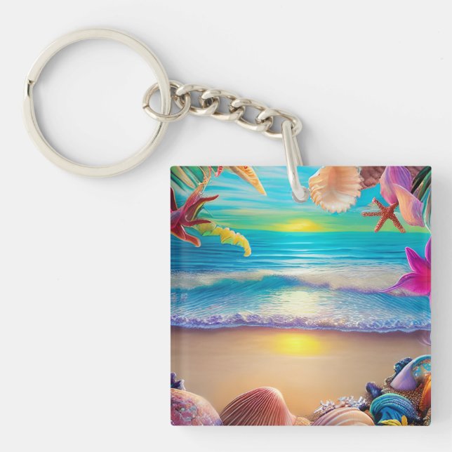 Mystical fantasy beach sunset with tropical flower key ring (Front)