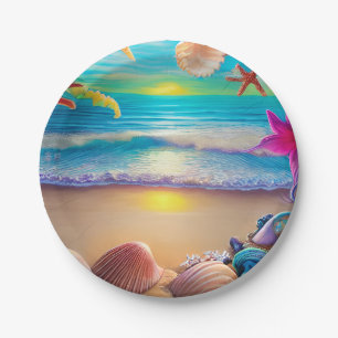 Mystical fantasy beach sunset with tropical flower paper plate