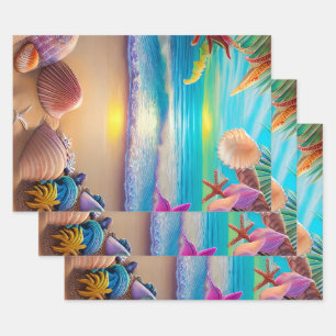 Mystical fantasy beach sunset with tropical flower wrapping paper sheet