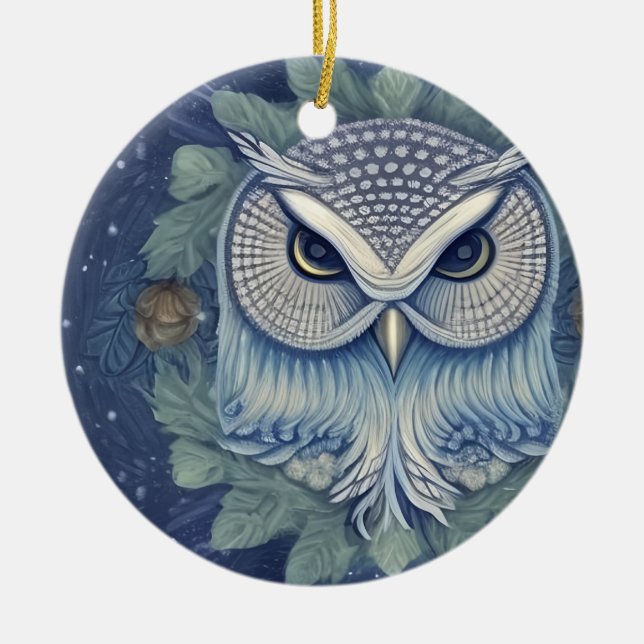 Mystical Fantasy Forest Owl Ceramic Ornament (Front)