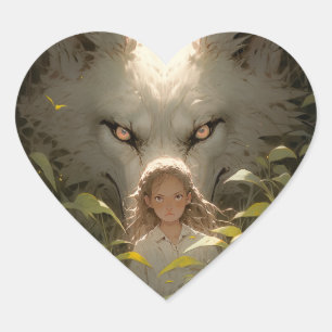 Mystical Fantasy Wolf Guardian Anime Heart Sticker