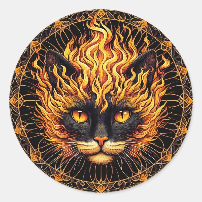 Mystical Fire Cat Mandala Design Classic Round Sticker (Front)