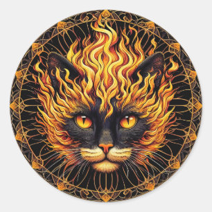 Mystical Fire Cat Mandala Design Classic Round Sticker