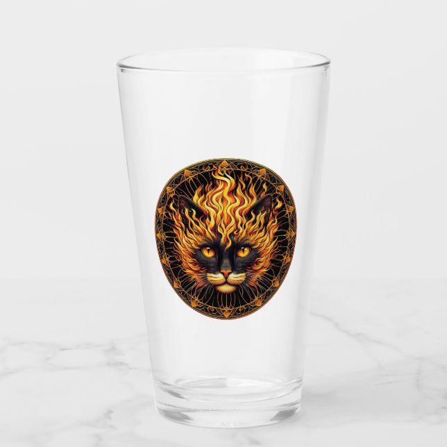 Mystical Fire Cat Mandala Design Glass (Front)