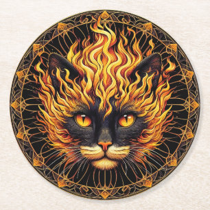 Mystical Fire Cat Mandala Design Round Paper Coaster