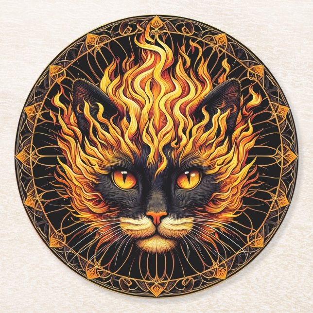 Mystical Fire Cat Mandala Design Round Paper Coaster (Front)