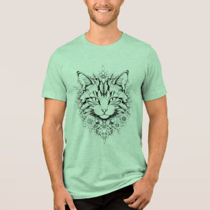 Mystical Floral Cat – Intricate Black & White Art Tri-Blend Shirt
