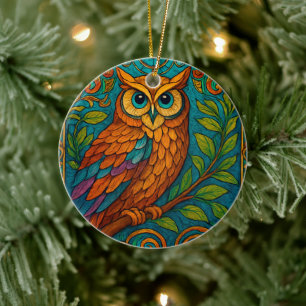 Mystical Folk Art Owl Illustration – Boho Vintage Ceramic Ornament