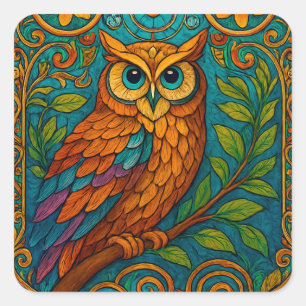 Mystical Folk Art Owl Illustration – Boho Vintage Square Sticker