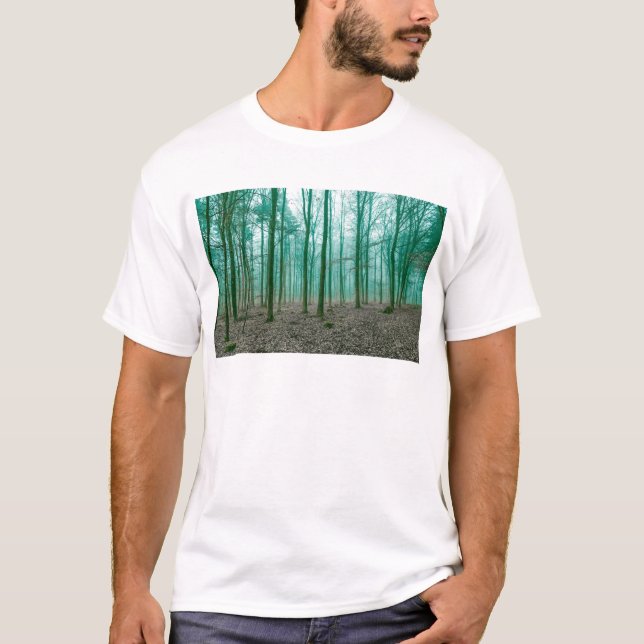 Mystical Forest in the fog in Green T-Shirt (Front)