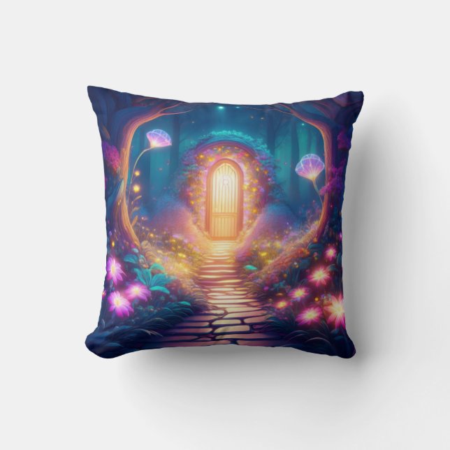 Mystical Forest Path – Glowing Doorway Fantasy Des Cushion (Front)