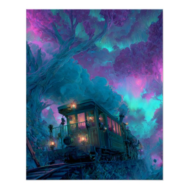 Mystical Forest Train Purple Teal Fantasy Art Poster (Front)