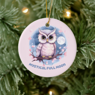 Mystical Full Moon – Pastel Purple Night Sky - Owl Ceramic Ornament
