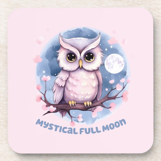 Mystical Full Moon – Pastel Purple Night Sky - Owl Coaster (Front)