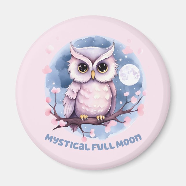 Mystical Full Moon – Pastel Purple Night Sky - Owl Magnet (Front)
