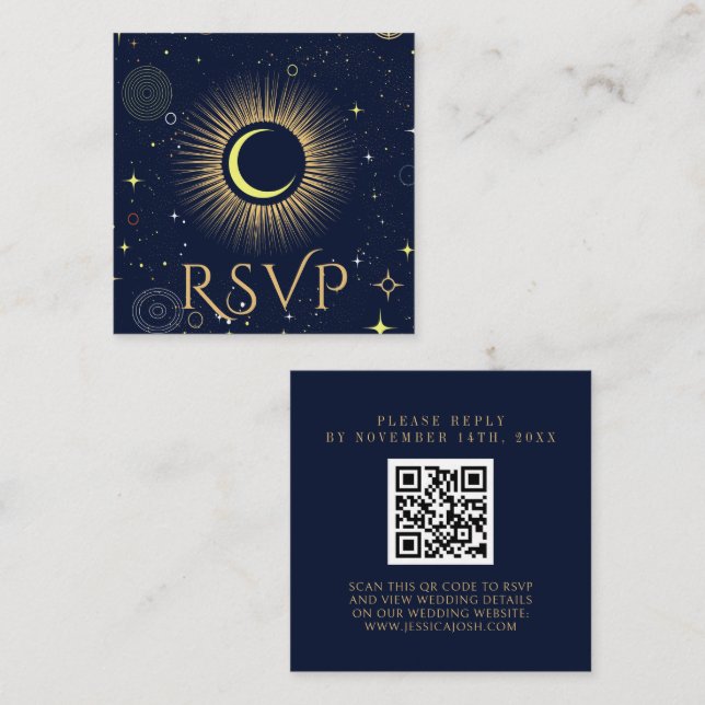 Mystical Galaxy Navy Blue QR Code Wedding RSVP Enclosure Card (Front/Back)