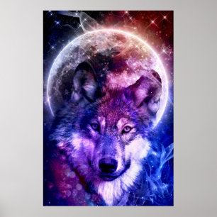 Mystical Galaxy Wolf Face with Full Moon  Poster