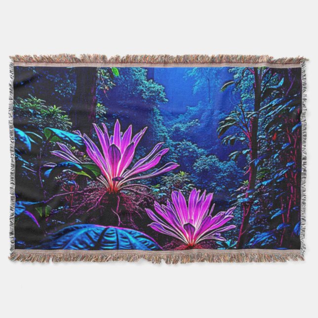 Mystical Glowing Jungle Bloom Design Throw Blanket (Front)