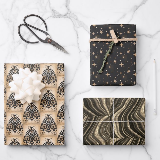 Mystical Gold Black Stars Marble All Occasion  Wrapping Paper Sheet (Front)