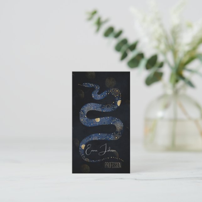 Mystical Gold Blue Serpent Galaxy Design Business Card (Standing Front)