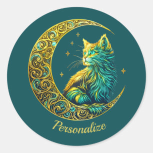 Mystical Gold Cat on Moon Celestial Green Classic Round Sticker