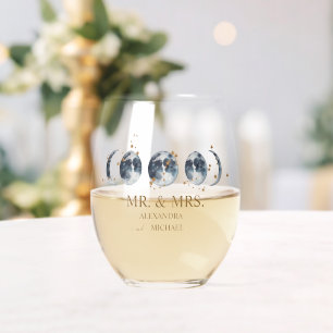 Mystical Gold Celestial Moon Wedding Stemless Wine Glass
