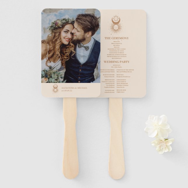 Mystical Gold Celestial Stars Wedding Hand Fan (Front and Back)
