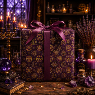 Mystical Gold Pentacle Sun Moon Deep Plum Wrapping Paper