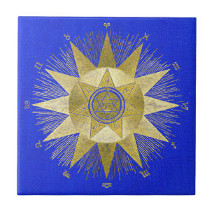 Mystical Golden Zodiac Sunburst Astrology Art Ceramic Tile