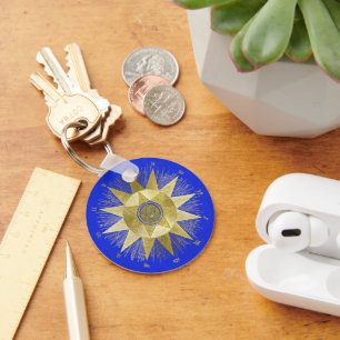Mystical Golden Zodiac Sunburst Astrology Art Key Ring