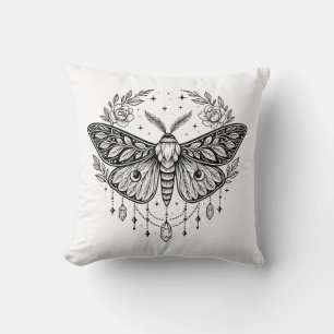 Mystical Gothic Moth Botanical Celestial Line Art  Cushion